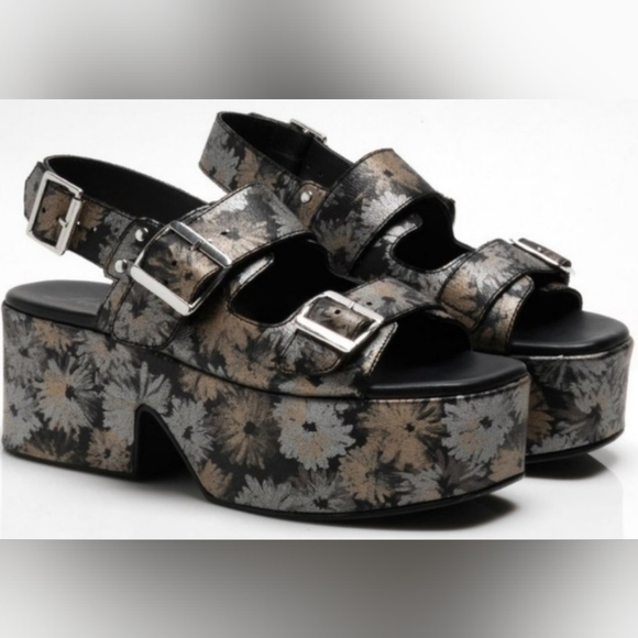 New Free People Follow Your Own Path Sandal in Daisy Print Leather Platform - Picture 2 of 9